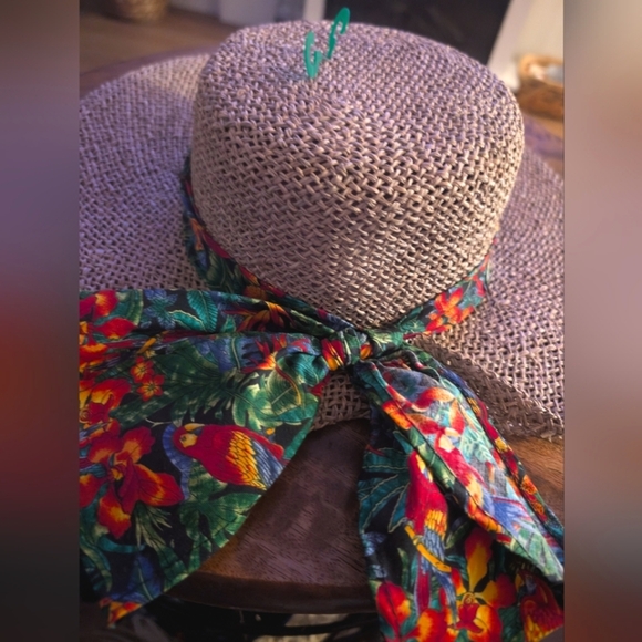 Vintage Scala Natural Rafia Straw Big Brim Sun Hat Tropical Multicolor Bow SZ SM main image 9